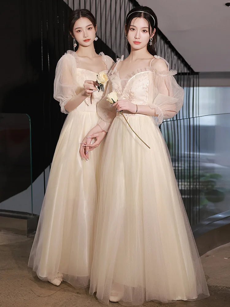 Champagne Bridesmaid Dress Women's Sweet Tulle Embroidery New Temperament Sisters Evening Dresses A-Line Wedding Party Gown - Seprincess