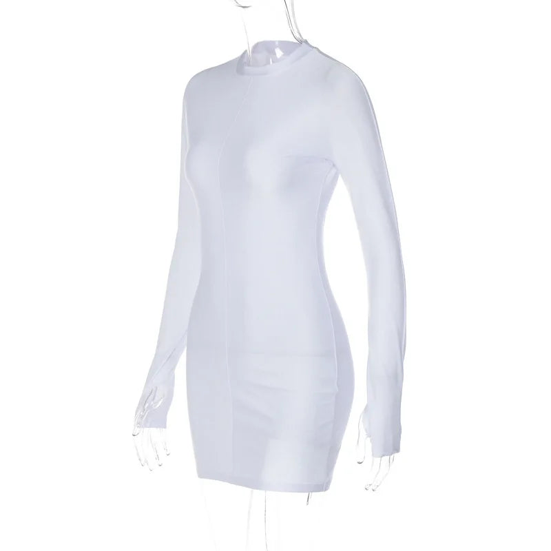 OMSJ Elegant Solid White Bodycon Mini Dress Club Party Sexy Outfits for Women Spring Long Sleeve Dresses With Glove - Seprincess