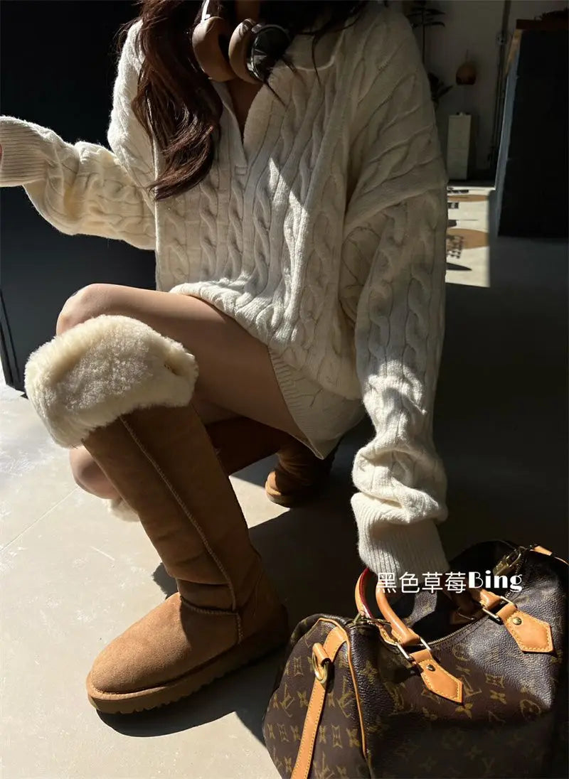 Korean Style Premium Knited Sweater Loose Casual Polo Neck Pullover Women Top Shorts Autumn WinterTwo Piece Set Women Outfits - Seprincess