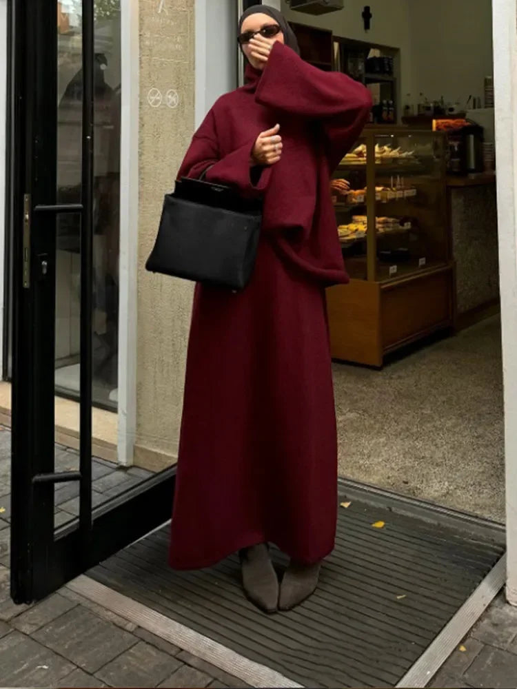 ﻿ Autumn Fashion Burgundy Red High Collar Knitted Set Women Solid Full Sleeve Long Skirt Outfit New Winter High Street Lady Suit - Seprincess