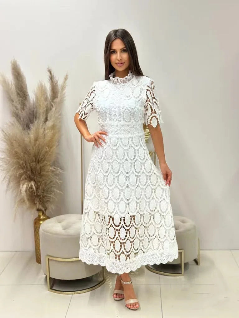 2024 Spring New Fashionable French Lace Stand Up Collar With Bubble Sleeves Waist Cinching Slimming Dress Elegant Long Dress - Seprincess