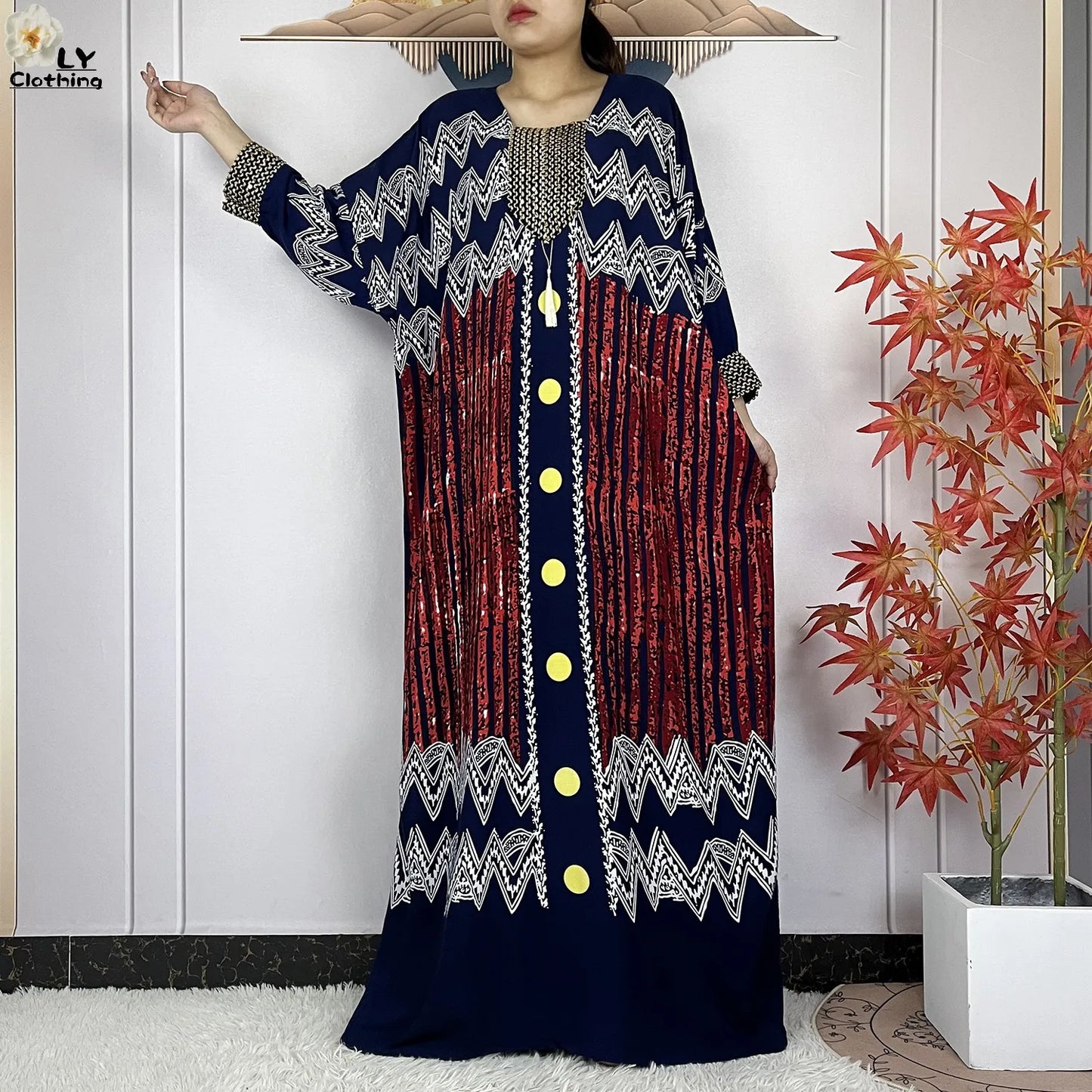 2024New Dubai Party Dress Muslim Femme Long Sleeves Printing Sequins Loose Boubou Maxi Islam Women Cotton African Abaya Clothing - Seprincess