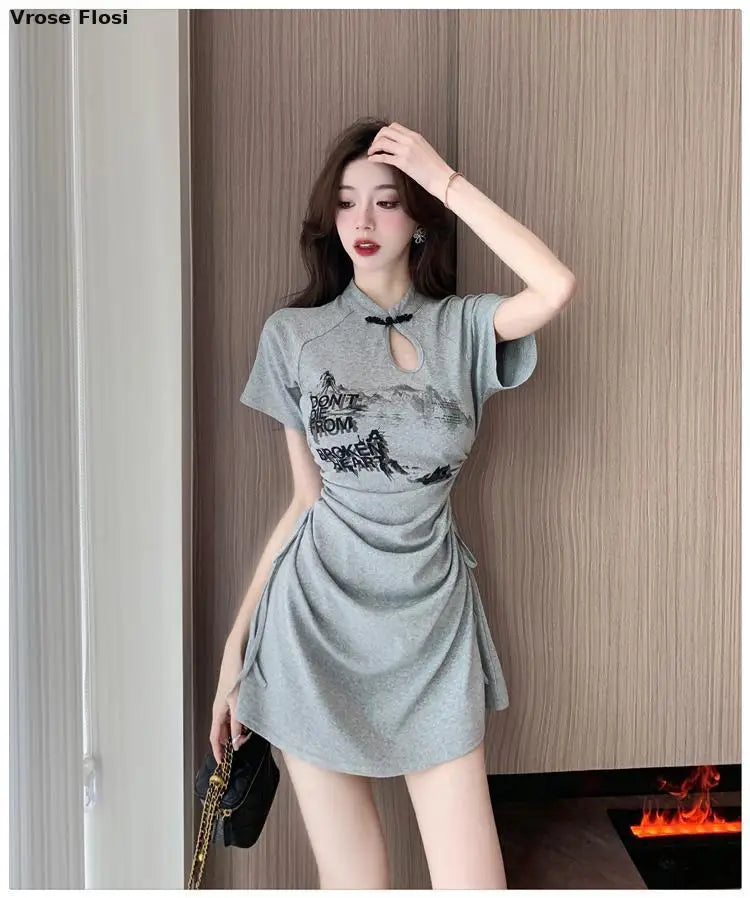 New 2024 Retro Daily Leisure Qipao Dress Chinese Style Printing Improved Cheongsam Fashionable Wrinkled Waist Design Thin Dress - Seprincess