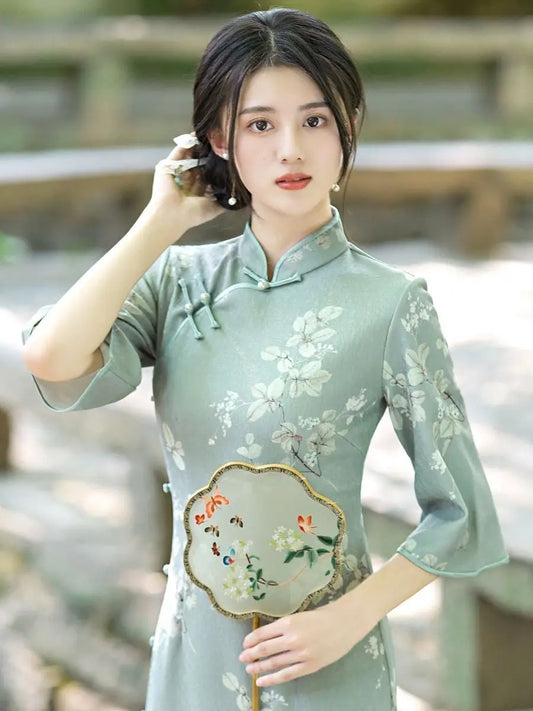 New Summer Vintage Elegant Cheongsam Chinese Traditional Qipao Mid Sleeve Dress for Women Clothing - Seprincess