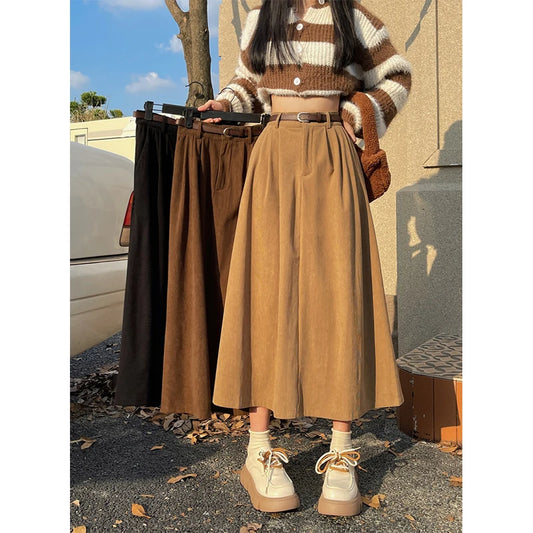 Vintage Belt Corduroy Midi Skirt Women High Waist Pleated A Line Skirts Autumn Winter Streetwear Korean Casual All Match Skirt - Seprincess