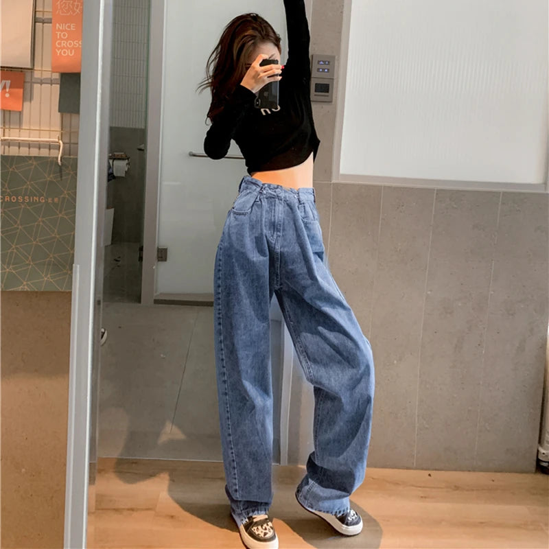 Women's Pants 2022 Streetwear Straight Solid Color High Waist Trouser Baggy Fashion Girl Student Jeans Wide Leg Mom Denim Pants