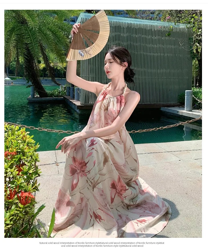 2024 Women Long Summer Floral Sundress Halter Elegant Fairy Grunge Holiday Dress New Honeymoon Vacation Party Night Dresses - Seprincess