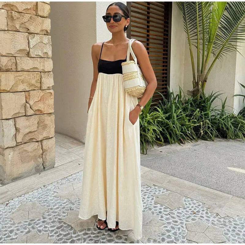 Contrast Splicing Loose Sling Long Dresses Women Square Collar Sleeveless Backless High Waist Dress 2024 Summer Lady Street Robe - Seprincess