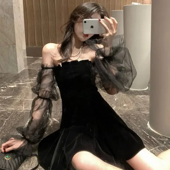 New Spring and Summer Sexy Mesh Puff Sleeve Black Strapless Puff Dress Women Woman Dress Vestido De Mujer Femme Robe - Seprincess