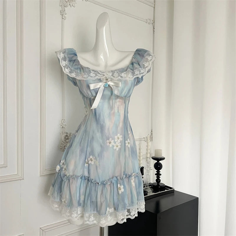 Women Blue A-line Lace Bow Dress Vintage Elegant Sleeveless Kawaii Flower Print Dresses Y2k One Piece Frocks 2000s Clothes 2024 - Seprincess