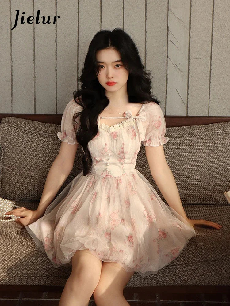 Jielur Lolita Pink Y2k Mini Dress Woman Beach Short Sleeve Floral Dress New Korean Fashion Casual Sweet Short Party Dress Summer - Seprincess