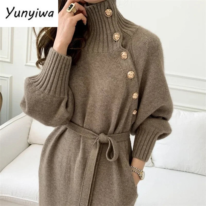 Winter Turtleneck Buttons Women Knitted Dress Elegant Full Sleeve Lace-up Female Thicken Long Dress for Sweater Autumn New - Seprincess