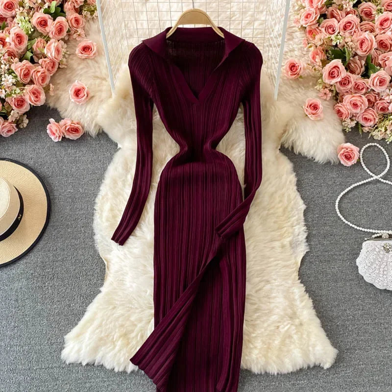 YuooMuoo Chic Fashion Sexy Wrap Hips Split Knitted Autumn Dress Women V-neck Slim Elastic Bodycon Long Dress Streetwear Outfits - Seprincess