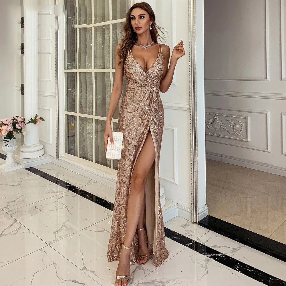 Deep V Neck Backless Stretch Sequin Mermaid Maxi Dress Split Sleeveless Open Back Evening Night Party Dress - Seprincess