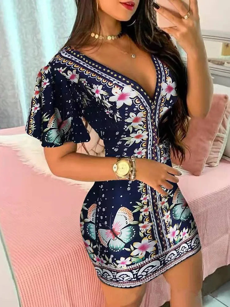 Summer Elegant Floral Print Bodycon Mini Dress Women 2024 Fashion Sexy Deep V-neck Package Hip Dresess Office Lady Party Dress - Seprincess