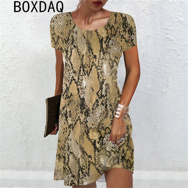 3D Sexy Snake Print Mini Dress Big Size Women Sexy Short Sleeve O-Neck Loose Dress Summer Beach Party Dress Sundress Vestidos - Seprincess