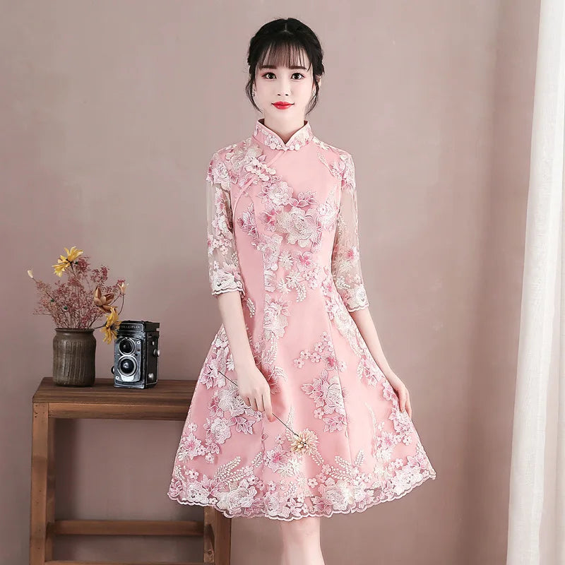 Vintage Chinese Style Wedding Dress Retro Toast Clothing Mini Gown Marriage Cheongsam Qipao Party Evening Dress Vestidos Clothes - Seprincess