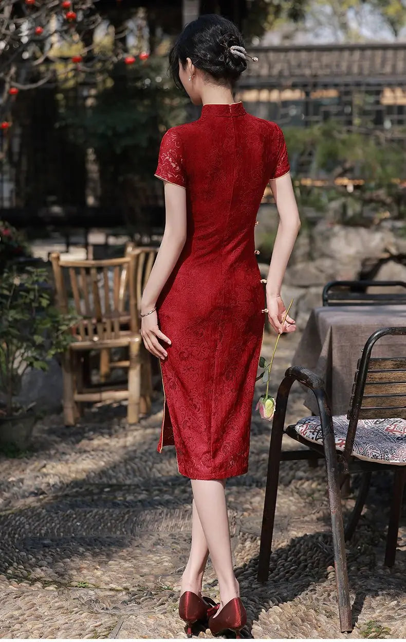 New Arrival Cheongsam Dress Red Jacquard with Improved Design Perfect for Wedding Bridal Party Banquet Dinner - Seprincess