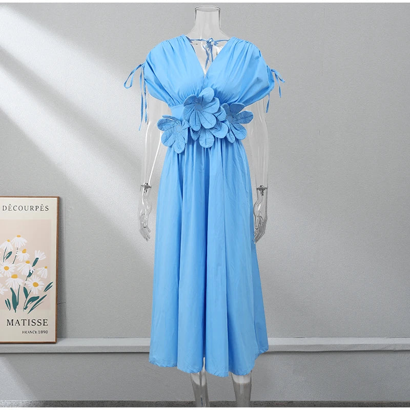 Summer Elegant Pleated Bow V Neck Blue Long Dresses For Women 2024 New Off Shoulder Sleeveless Maxi Dress Ladies Vacation Robe - Seprincess