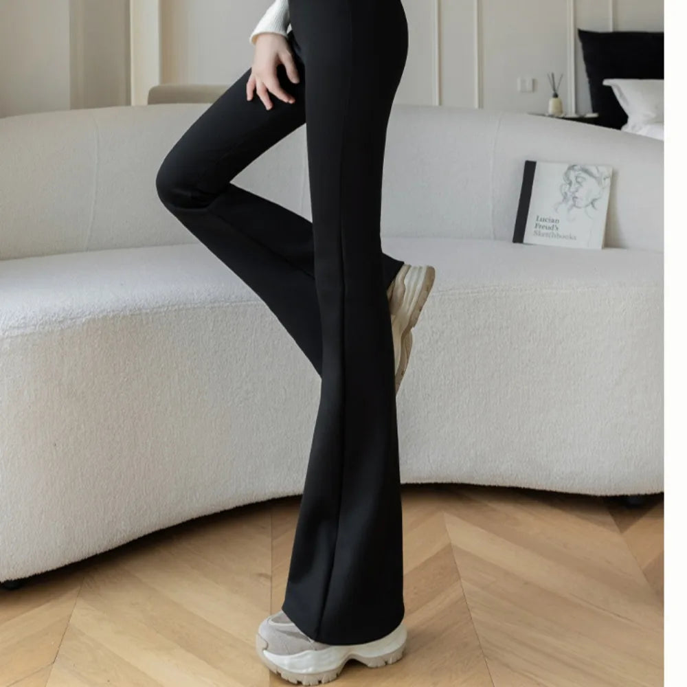 Autumn Winter Velvet Pants Women Fashion High Waist Flare Pant Black Casual Basic Seamless Trousers Warm Thick Leggings 2024