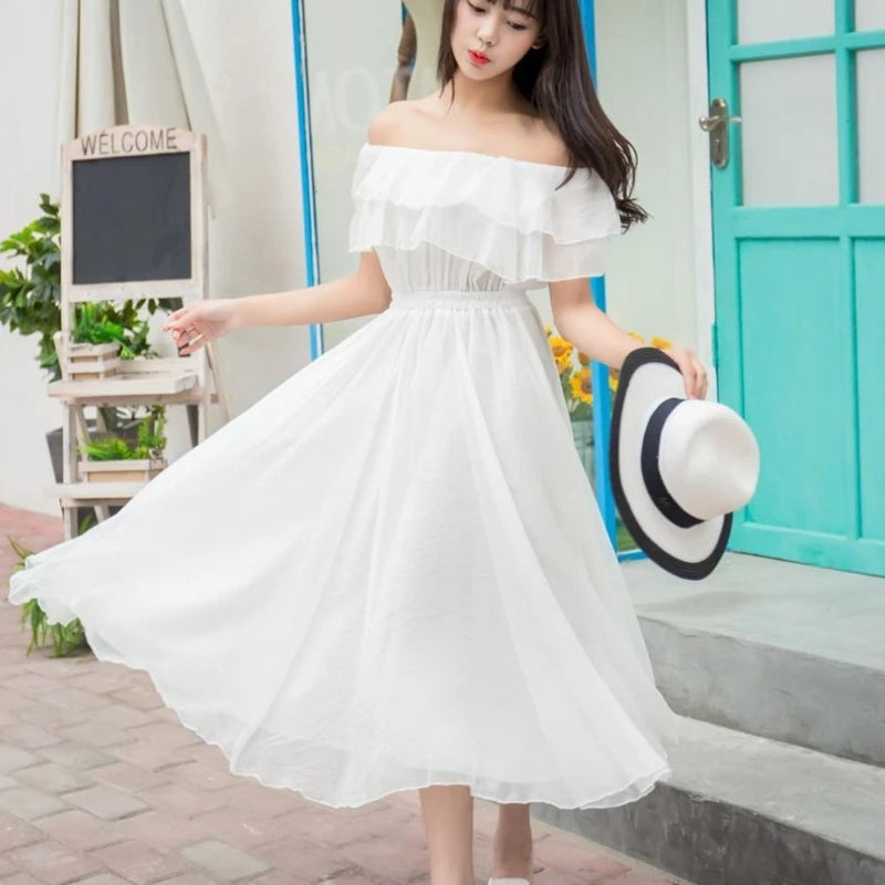 Women's Summer Beach Style Chiffon White Long Dress Lady Graceful Fairy Layers Ruffles Off-Shoulder Dresses Evening Party Gown - Seprincess