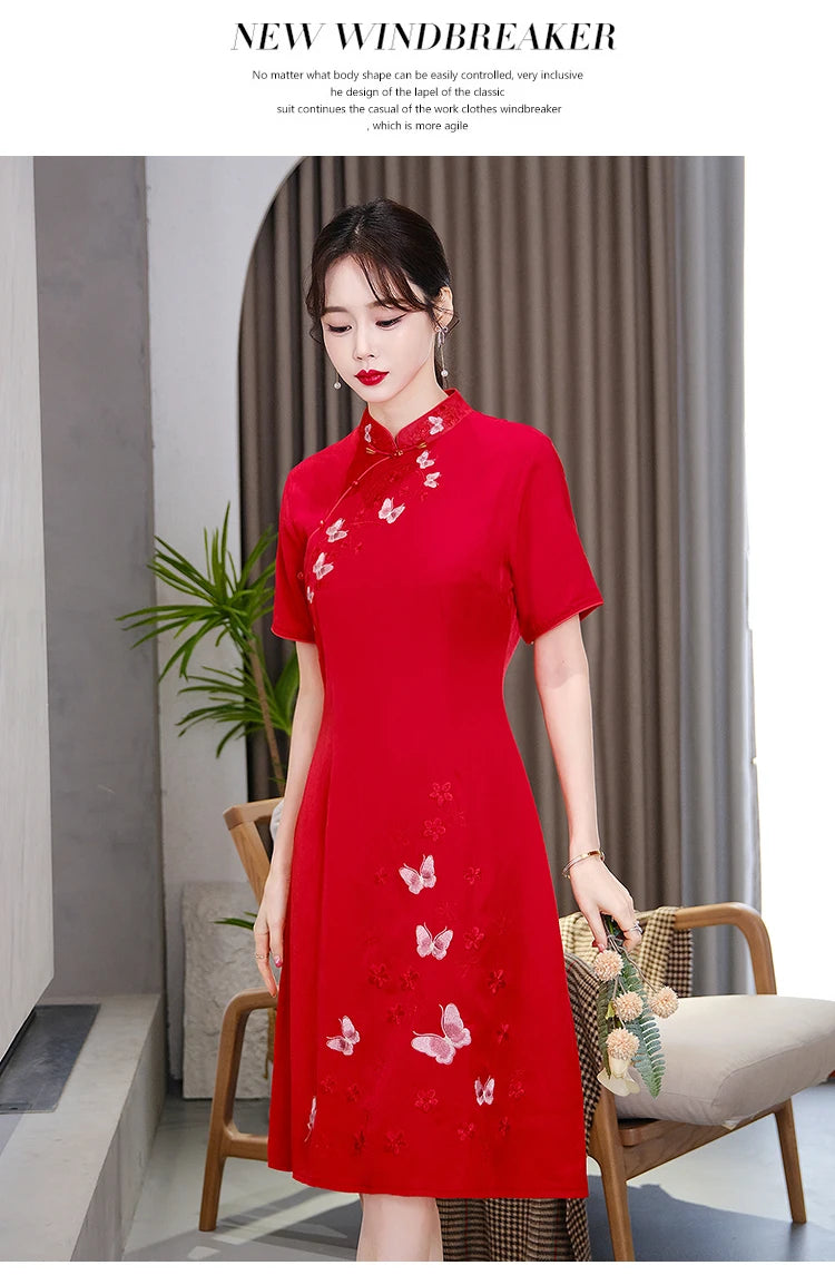 Retro Ethnic Style Chinese Traditional Qipao Dress Fashion Embroidered Improved Red Cheongsam CNY - Seprincess