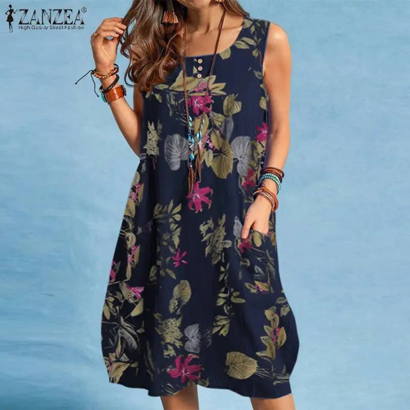 ZANZEA Bohemian Beach Dress Summer Vintage Floral Printed Sundress Women Sleeveless Knee-length Robe Holiday Vestidos Sarafans - Seprincess