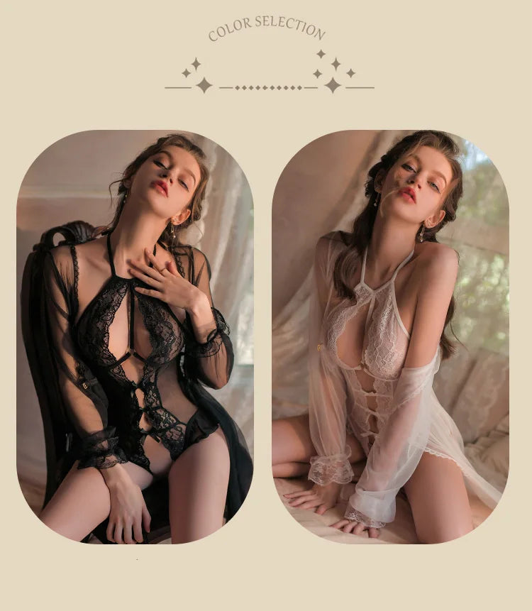 Erotic lingerie Hanging neck deep v lace hollow embroidery open cut jumpsuit Held sexy adult large xxxl dresses sexy for woman - Seprincess