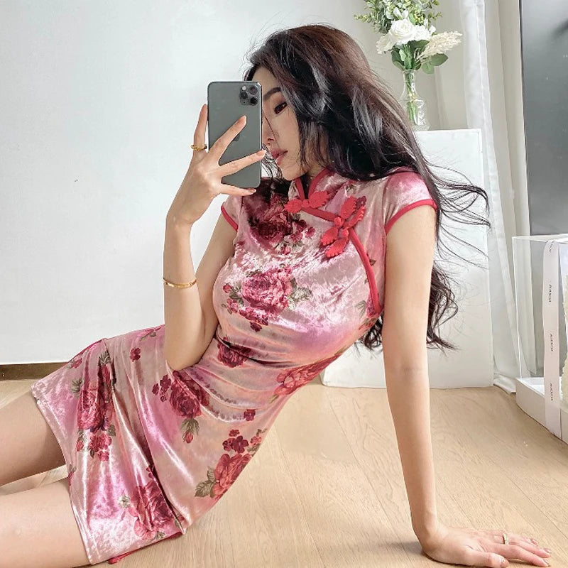 Chinese Dress Pink Sexy Qipao Dresses Cheongsam Dress Velvet Retro Printed Cheongsams Mini Qipao China Dress Robe Chinoise - Seprincess