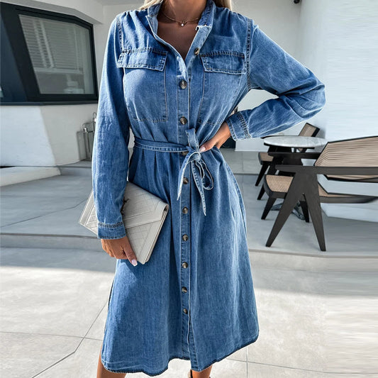 Imitation Denim Long Dress For for Women 2023 Autumn Korean Fashion Elegant Vestido Skirt Y2K Long Sleeved Female Clothing - Seprincess