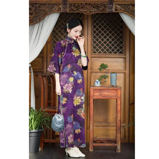 Spring Elegant Satin Stand Collar Purple Floral Printed Ball Gown Chinese Traditional Cheongsam Dress תחפושות לנשים לפורים 2023 - Seprincess