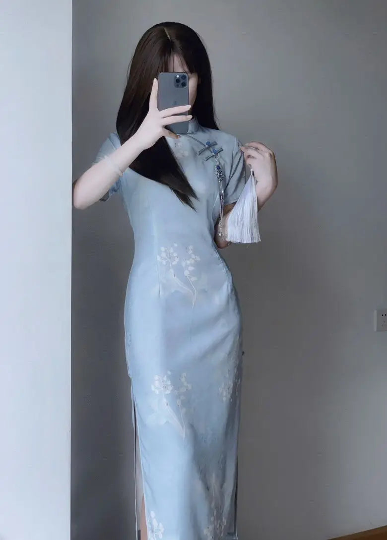 2024 Summer Cheongsam Improved Elegant Qipao Daily Slim Fit Blue Gentle Comfortable Qipao Long Vintage Dress - Seprincess