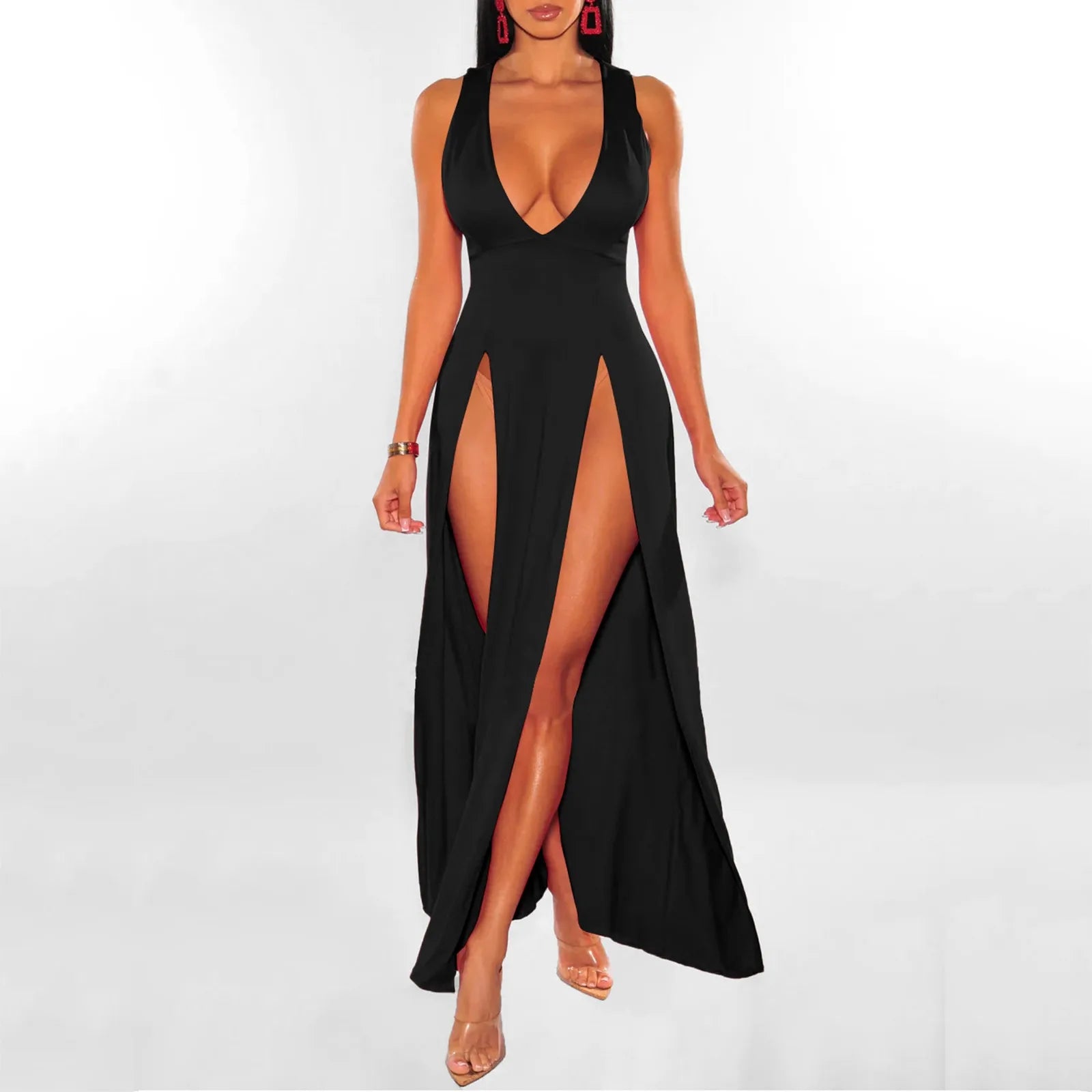 Sexy Lingerie Porno Exotic Dresses Deep V-Neck Sleeveless Double Slit Perspective Suspender Sexy Honeymoon Plus Size Vestidos - Seprincess