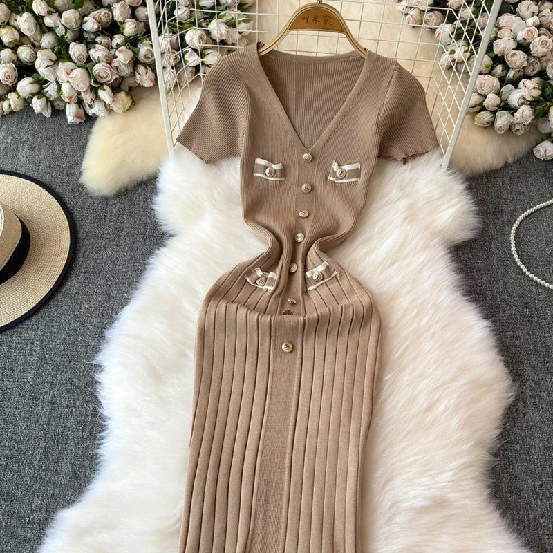 Elegant Knitted Long Dress Women Summer V Neck Single Breatsed Short Sleelve Bodycon Dresses Fashion Party Office Lady Vestidos - Seprincess