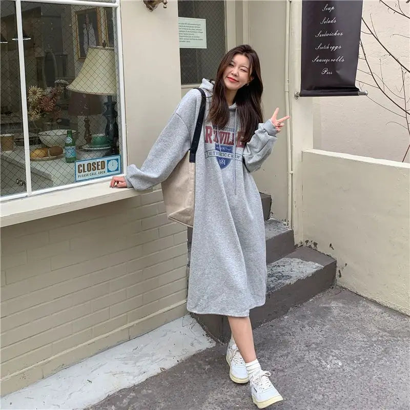 Autumn Winter Women Fleece Thicken Hooded Dress Print Letter Drawstring Korean Fashion Loose Midi Side Slit Oversized Dresses - Seprincess