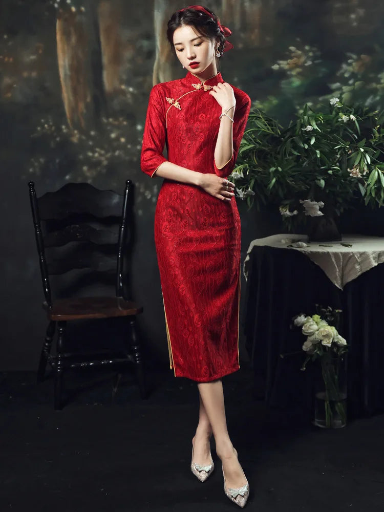 Chinese Style Long Dress Red  Slim Cheongsam Qipao Dress Wedding Party Hanfu Summer Lace - Seprincess