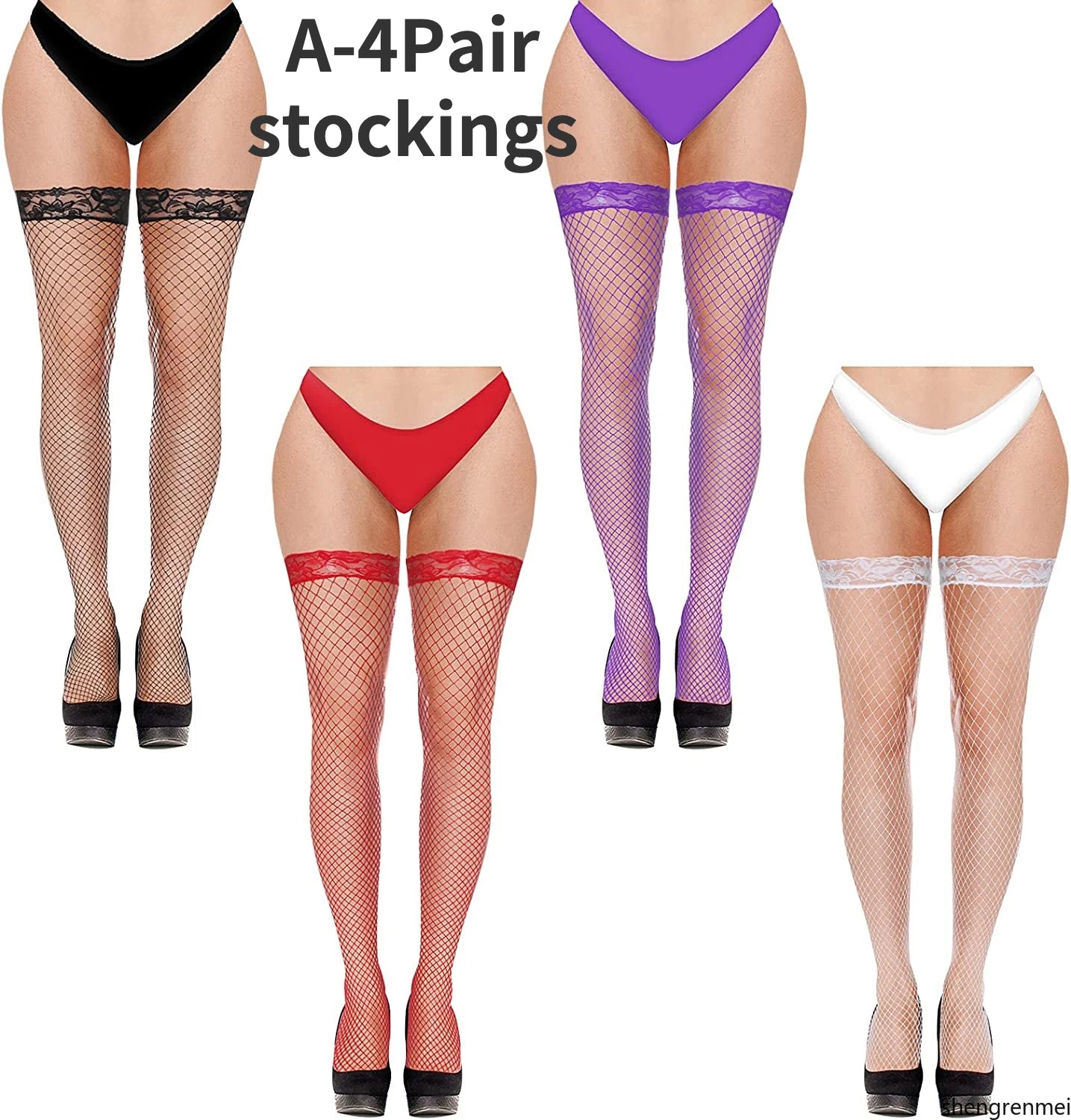 4 Pairs Women Stockings Fishnet Thigh High Top Over The Knee Stocking Sexy Women's Stockings with Lace Top Hosiery Club Wear