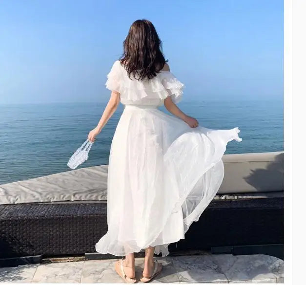 Women's Summer Beach Style Chiffon White Long Dress Lady Graceful Fairy Layers Ruffles Off-Shoulder Dresses Evening Party Gown - Seprincess