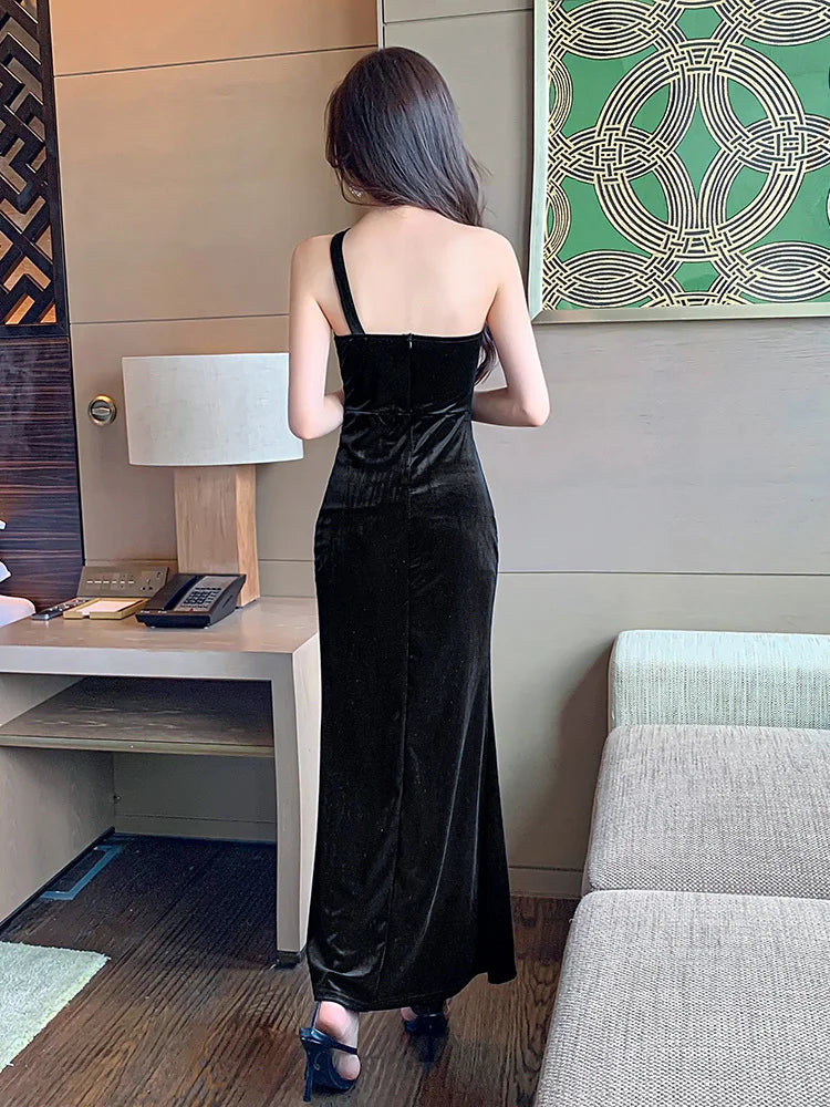 Black Leopard Velvet Dress Women Sleeveless Sexy Spaghetti Strap Dresses Ladies Party Club Evening High Waist Asymmterical - Seprincess