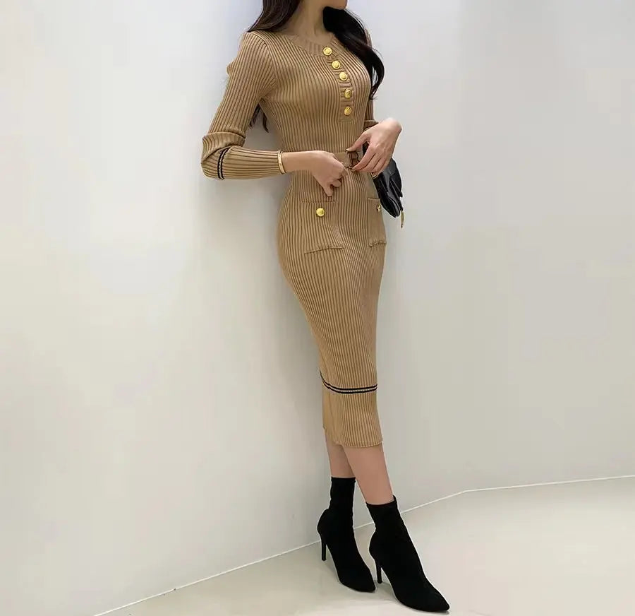 Autumn Winter Women Knitted Dress Brand Fashion O-neck Buttons Bodycon Sweater Dress with Belt Lady Office Dress - Seprincess