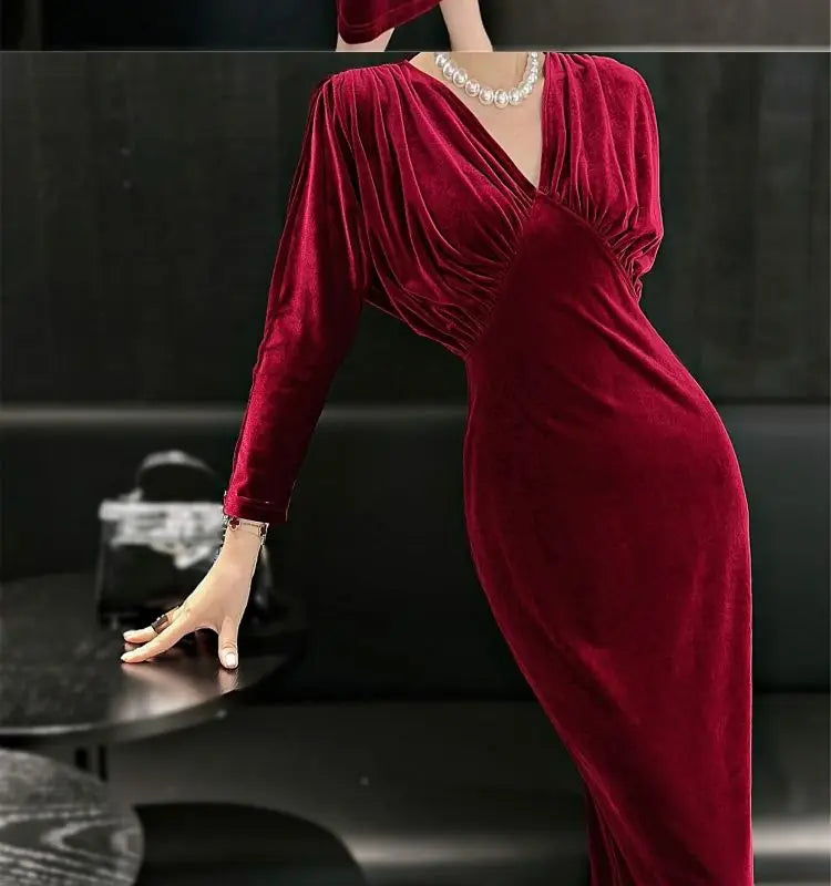 Women Vintage Gold Velvet Ruched Bodycon Elegant Evening Party Dresses Sexy V Neck Split High Waist Long Sleeve Maxi Dress Robe - Seprincess