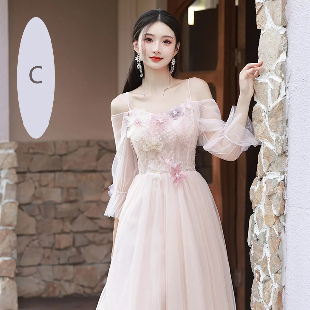 4 Styles Pink Bridesmaid Dress Women's Elegant Thin Tulle Off The Shoulder Flower Appliques A-line Wedding Party Guest Vestido - Seprincess