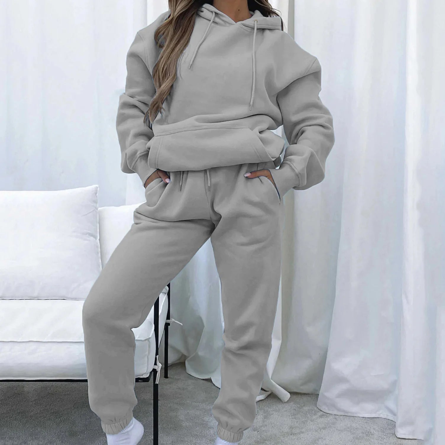 Women Two Piece Sets Tracksuit outfit Hooded Sweatshirts Pocket Drawstring Long Pants Suit Thick Casual Office Lady Autumn - Seprincess