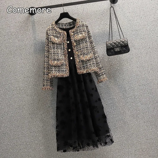 Comemore 2023 New Autumn Vintage Tweed Jacket Coat Women Patchwork Korean Cropped Coats Elegant Short Outerwear Winter Clothes - Seprincess