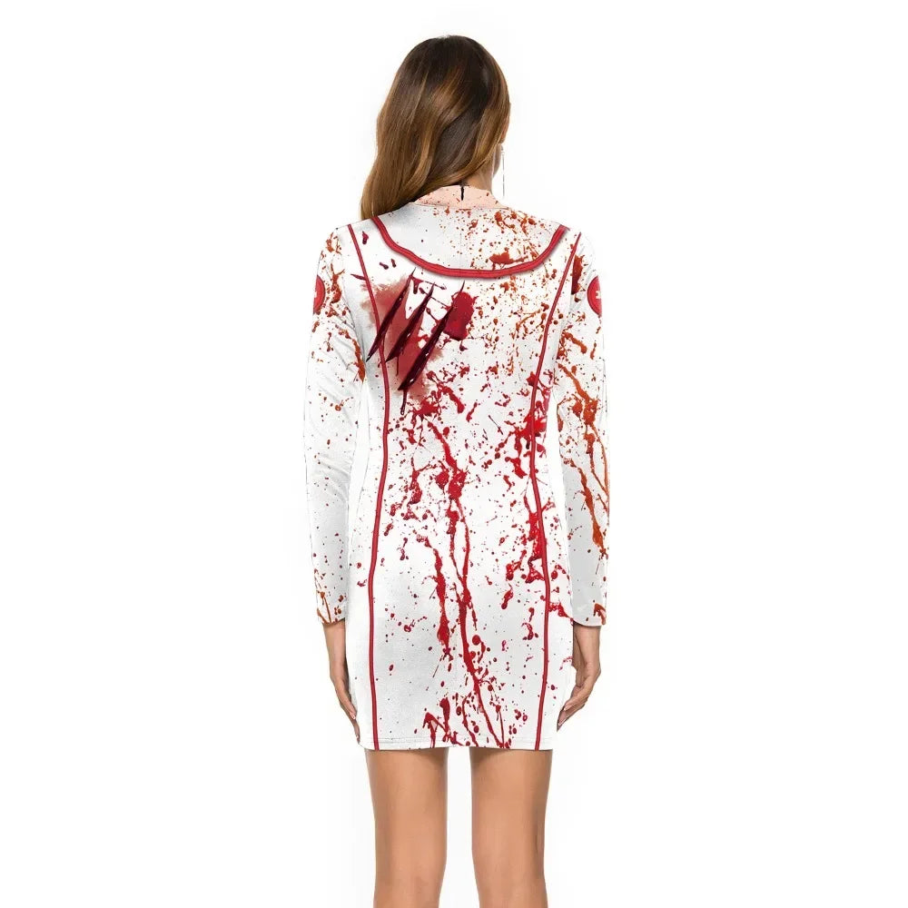 Halloween Nurse Zombie Costume Women's Clothing Crew Neck Long-sleeved Dress Women Halloween Costumes for Women - Seprincess