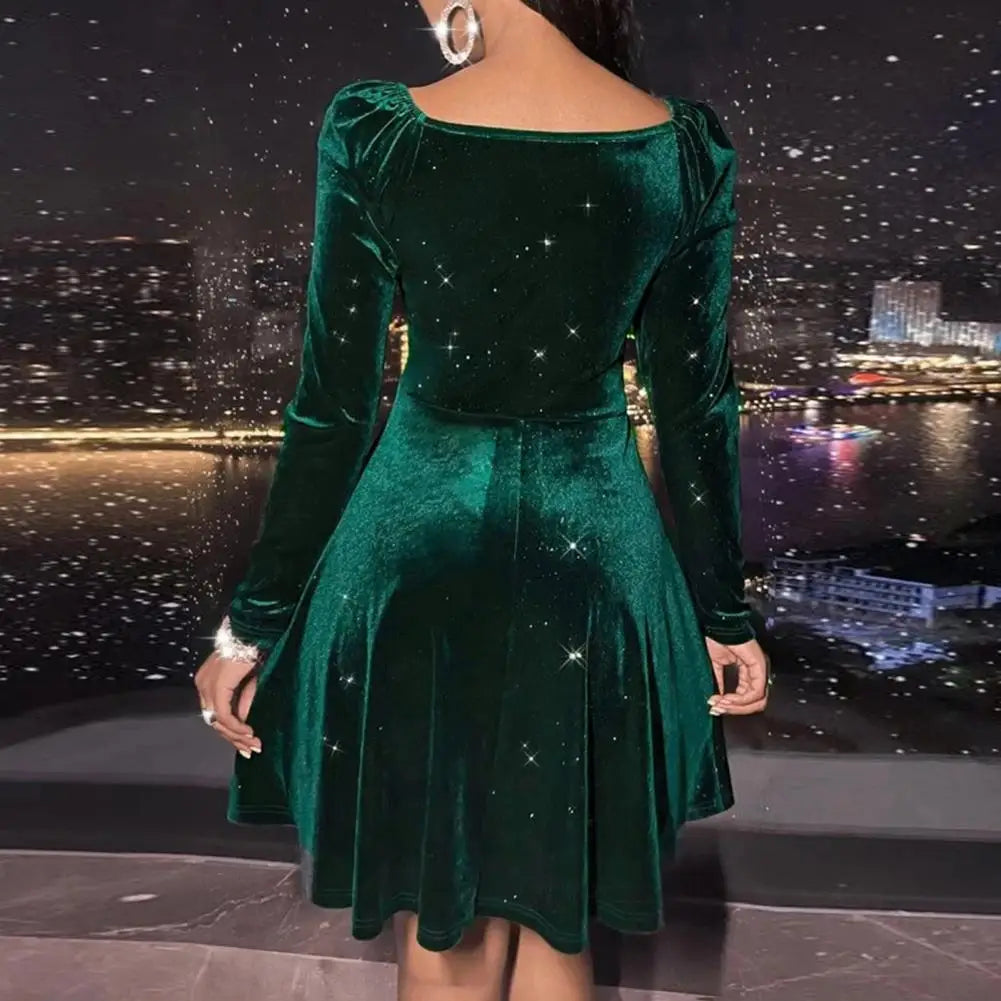 Elegant Sexy Dress Elegant V-neck Velvet Party Dresses for Women A-line Christmas Gown Long Sleeve High Waist Mini Dress - Seprincess