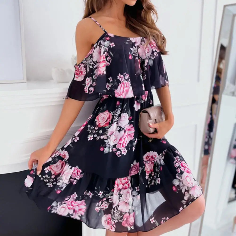 Trendy Mini Dress Flower Print Flounce Edge Colorful Above Knee Short Sleeve Women Dress  Female Dress Spaghetti Strap - Seprincess