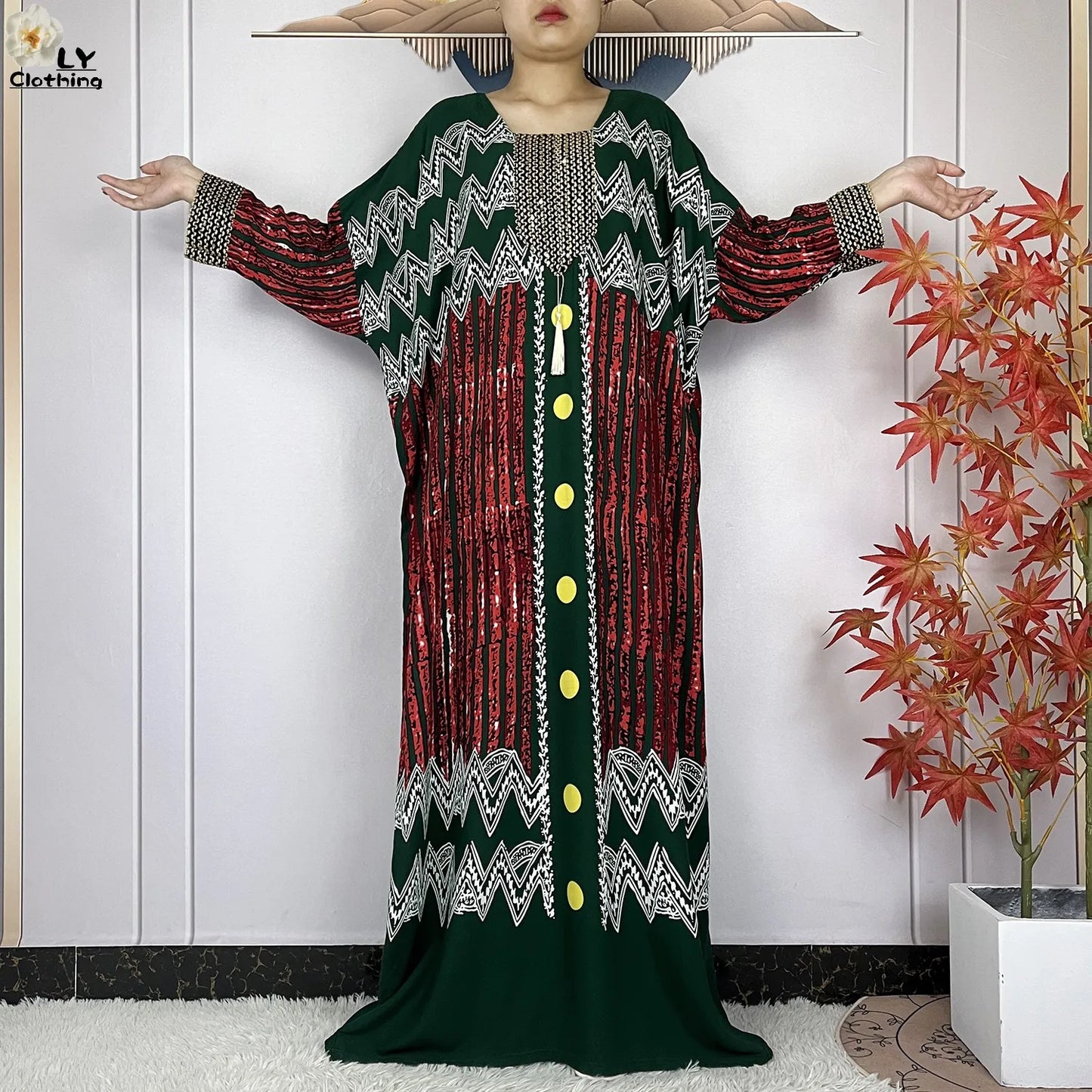 2024New Dubai Party Dress Muslim Femme Long Sleeves Printing Sequins Loose Boubou Maxi Islam Women Cotton African Abaya Clothing - Seprincess