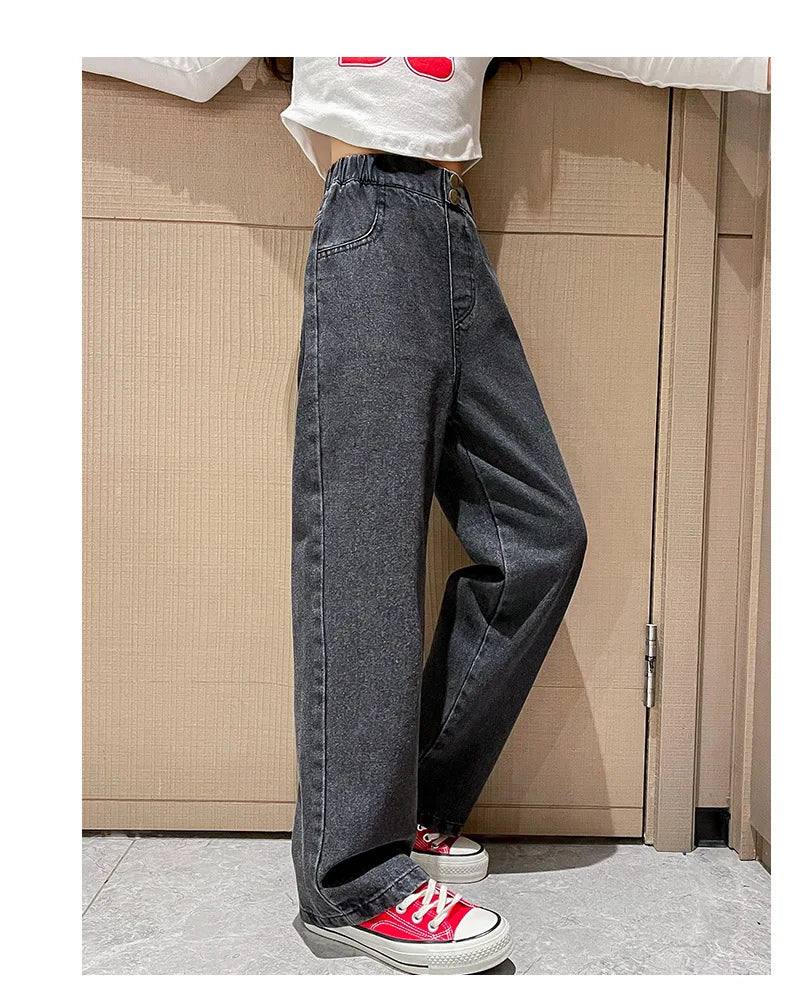 Young Girls Jeans 2024 New Fashion Jeans Wide Leg Pants Autumn Winter  Fleece Thick Warm High Waist Baby Hot Sale Casual Trouser