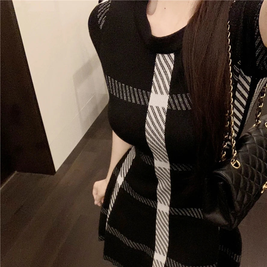 Luxury Brand Design 2024 Summer Knit Elastic Black Short Sleeve Dress For Women Fashion Mini Slim Vestidos Skirt Clothes - Seprincess